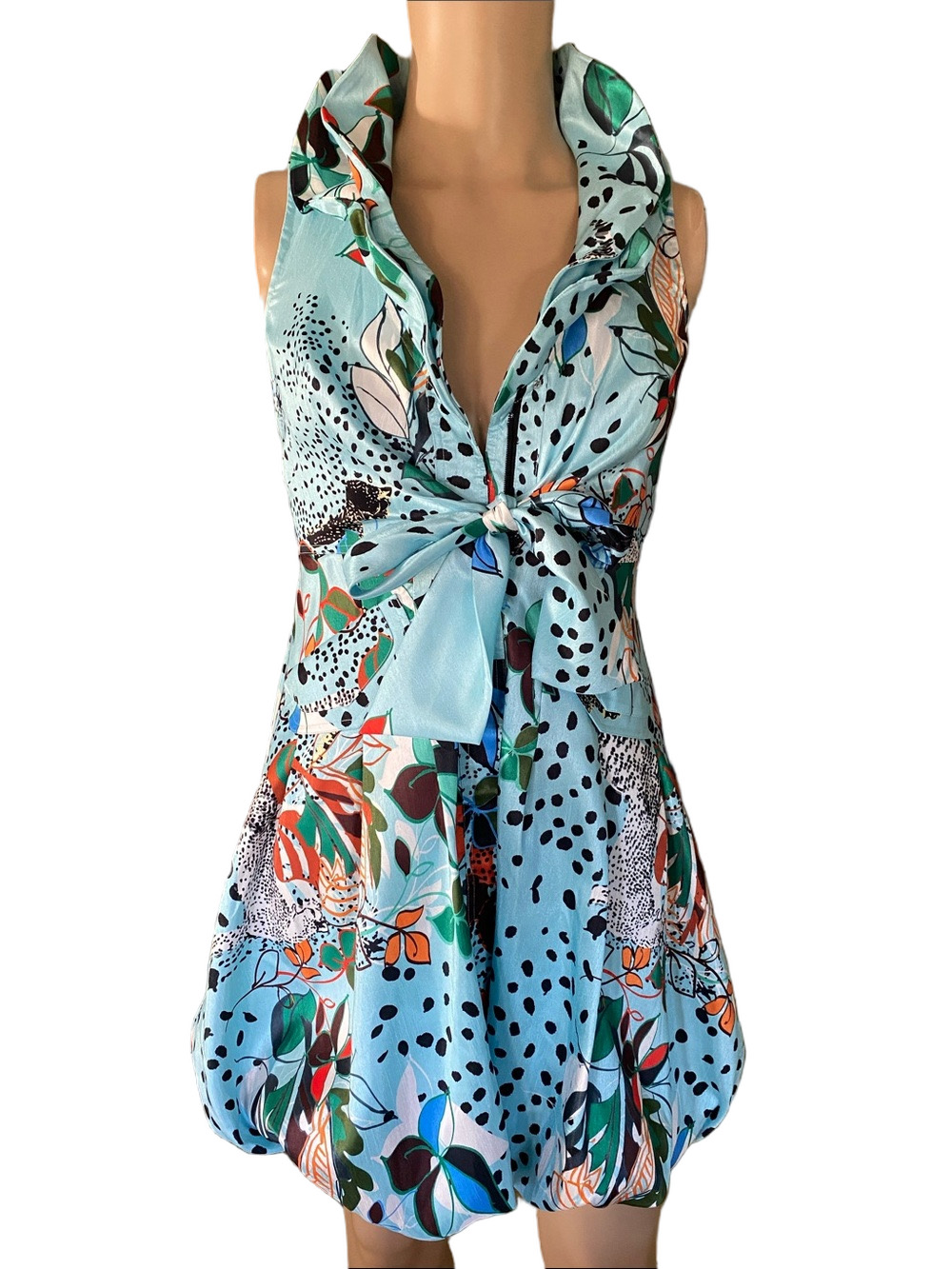 Samuel Dong Aqua Floral & Spotted Tie-Front Mini Dress